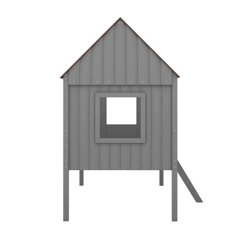 Low Loft Wood House Bed with Two Side Windows