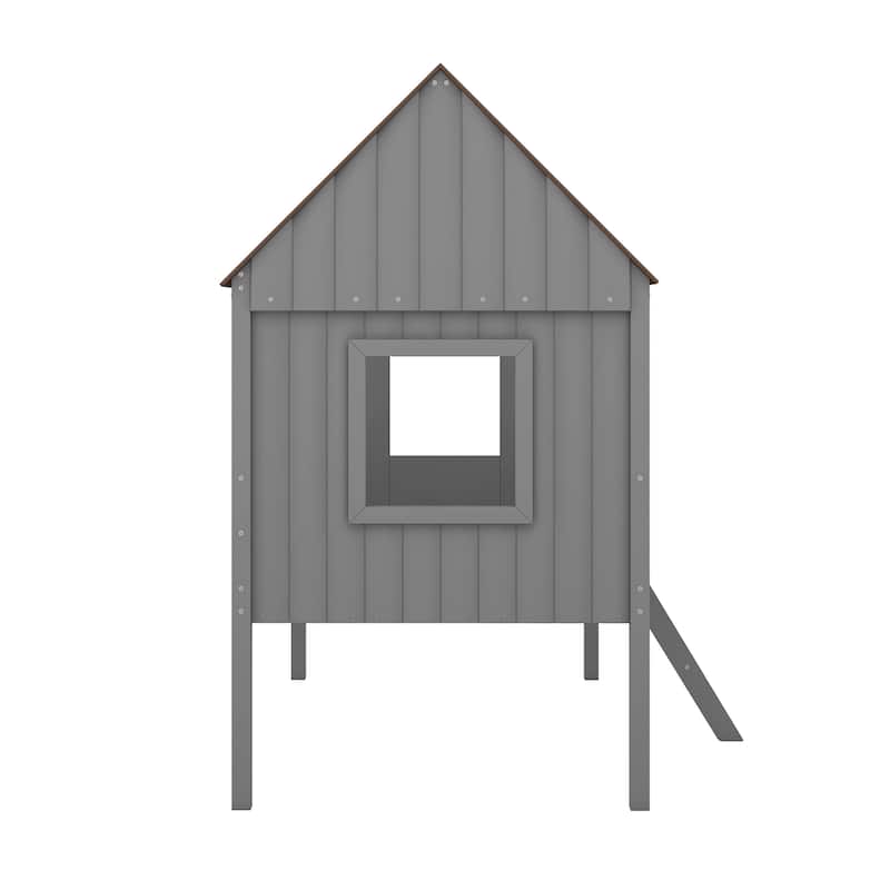 Twin Size Low Loft Wood House bed with Two Side Windows (Gray +Brown)