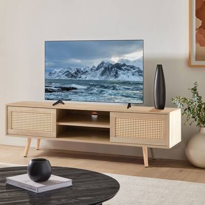 Rattan TV Stand with Storage and Wood Legs for TV up to 55"