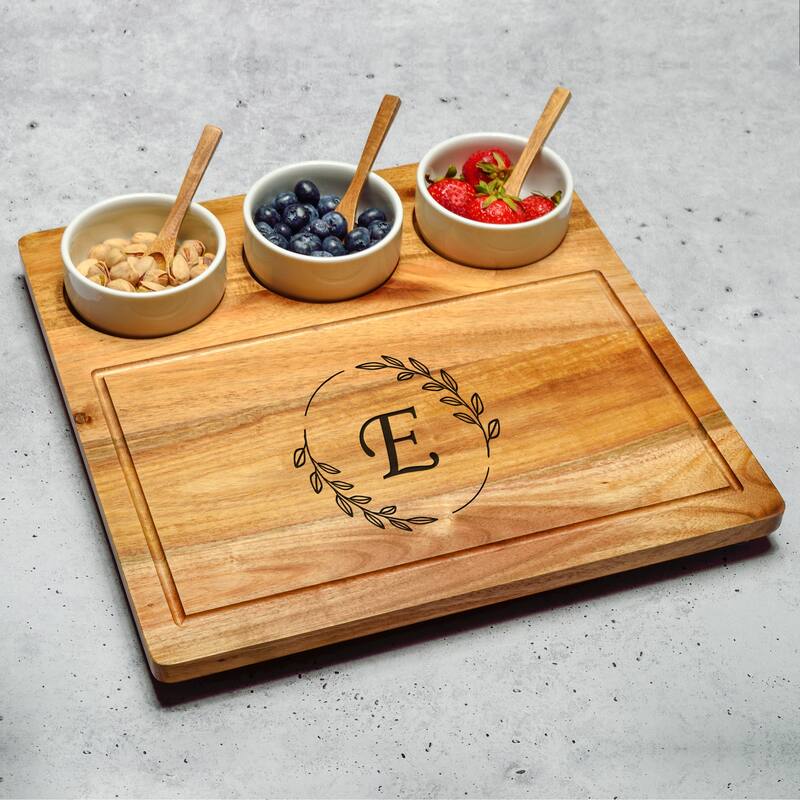 Picnic at Ascot Personalized Acacia Cheese & Charcuterie Board with Ceramic Dip Bowls - E