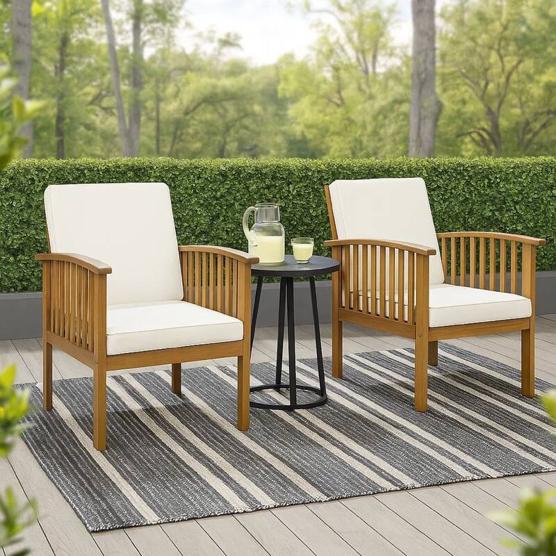 Gerry Outdoor Club Chairs Set of 2, Cream Fabric, Slatted Light Brown