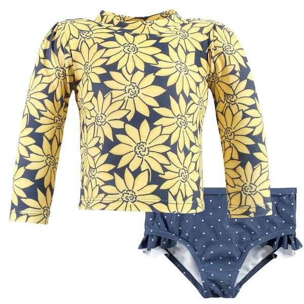 slide 1 of 1, Hudson Baby Girls Swim Rashguard Set, Yellow Daisy 12-18 Months - Blue Yellow Daisy