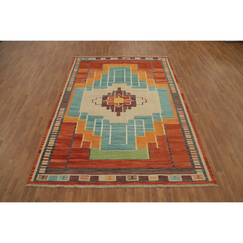 Hand Woven Oriental 100% Wool Carpet Southwestern Tribal Multi-Colored Kilim Area Rug - 9' 9'' X 7' 0''