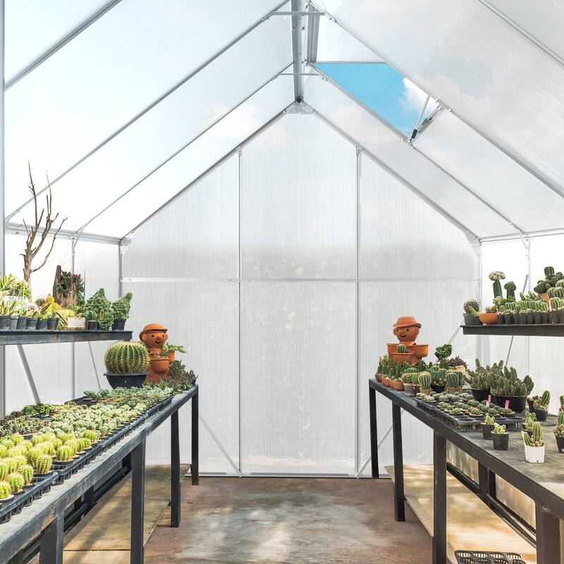8x6 FT Walk-in Greenhouse With Sliding Door and Vent Window Grey Frame