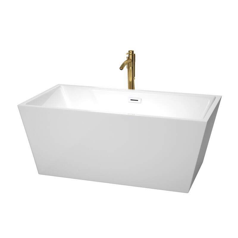 Wyndham Collection Sara 59" Freestanding Soaking Tub with Tub Filler - White / Shiny White Trim / Brushed Gold Faucet