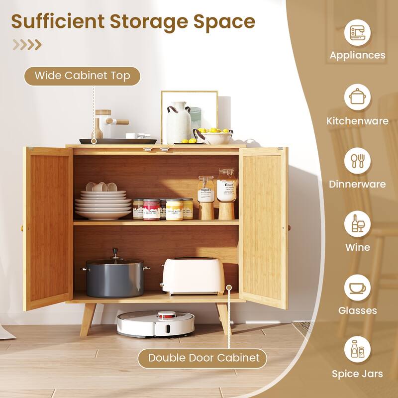 Gymax 2PCS Bamboo Buffet Cabinet w/ PE Rattan Doors Freestanding