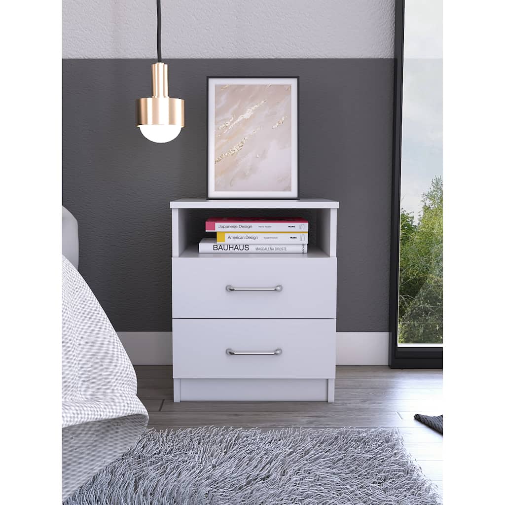 White 2-Drawer 1-Shelf Rectangle Nightstand