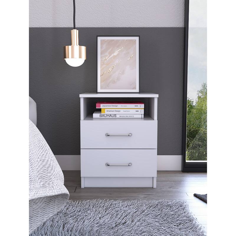 White 2-Drawer 1-Shelf Rectangle Nightstand - White