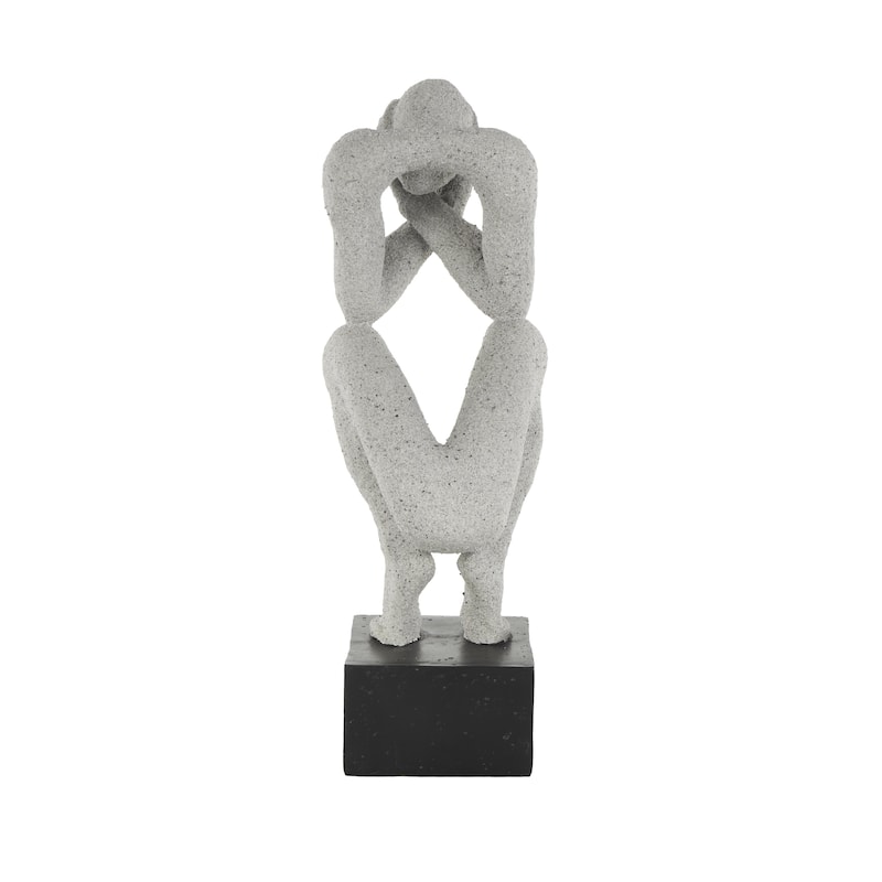 Gray Polystone Crouching People Decorative Sculpture with Black Square Base