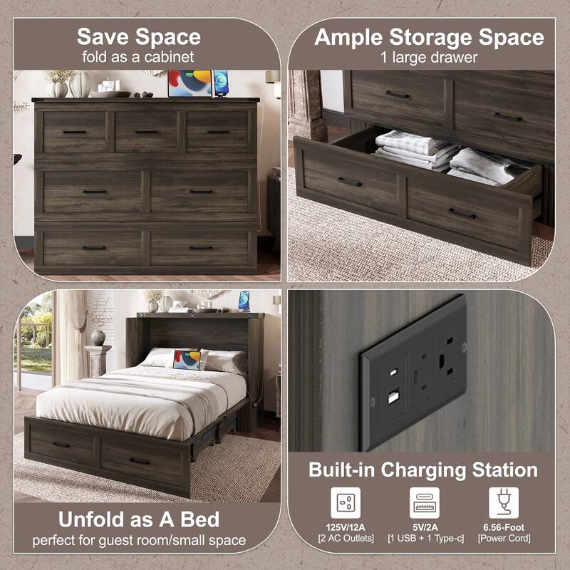 Murphy Bed Cabinet with Charging Station, Large Storage Drawer