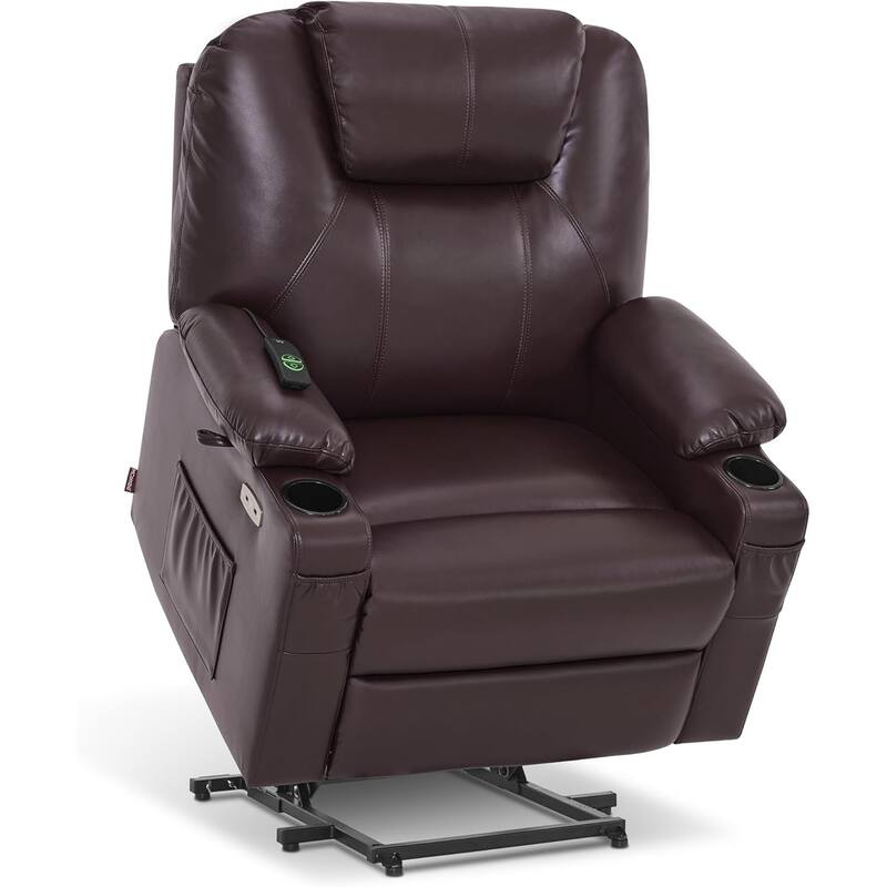 MCombo Medium-Wide Power Lift Recliner Chair Sofa with Massage and Heat for Elderly People, Faux Leather R7045 - Dark Brown