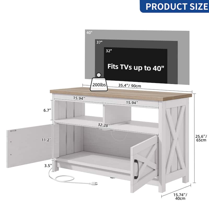 Farmhouse TV Stand for up to 65" TV with Doors and Open Shelves Media Console Power Outlet