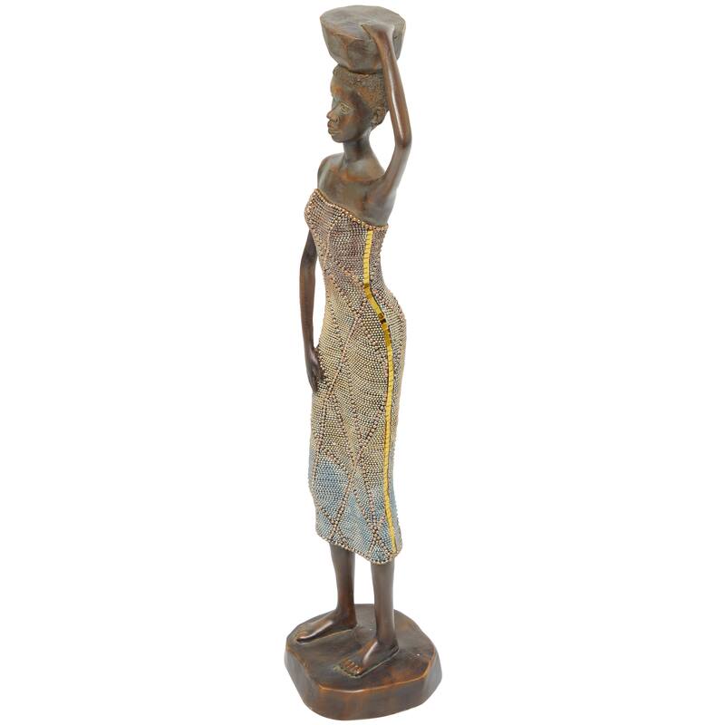 Brown Polystone Primitive African Mask and Standing African Woman Sculpture Wall Decor