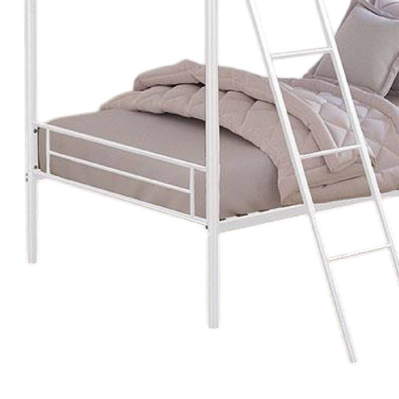 Cet Twin Over Twin Bunk Bed, White Metal Frame, Attached Angled Ladder