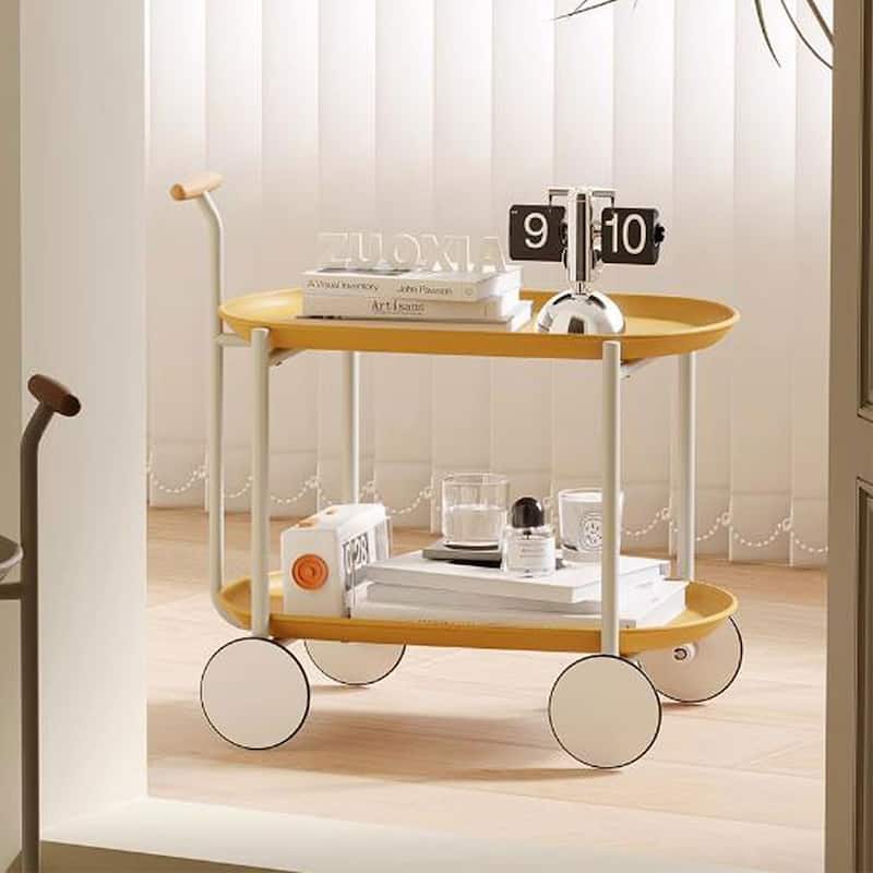 Modern 2-Tier Rolling Serving, Metal Bar Cart with Wheels, Storage - 27.56"H - Ginger