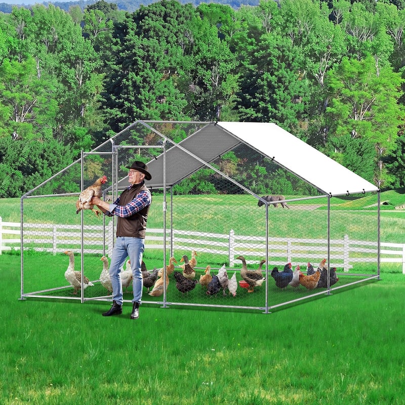 Silver Galvanized Steel Chicken Coop with Protective Net and PE Tarp Cover