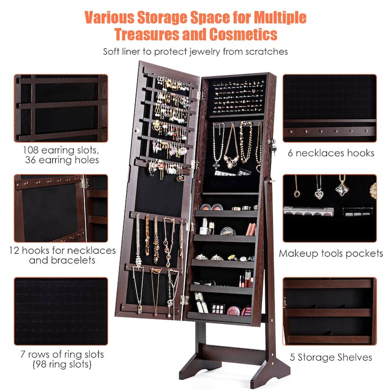 Costway Jewelry Cabinet Stand Mirror Armoire Lockable Organizer Large