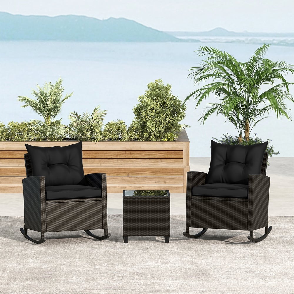 Gymax Set of 3 Wicker Rocking Set w/ Tempered Glass Table Patio
