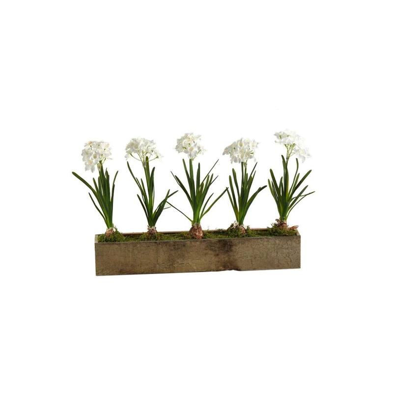 HomeStock Paper Whites in Rectangle Wooden Planter - Elegant Faux Flowers for Entryways or Tabletops - 16