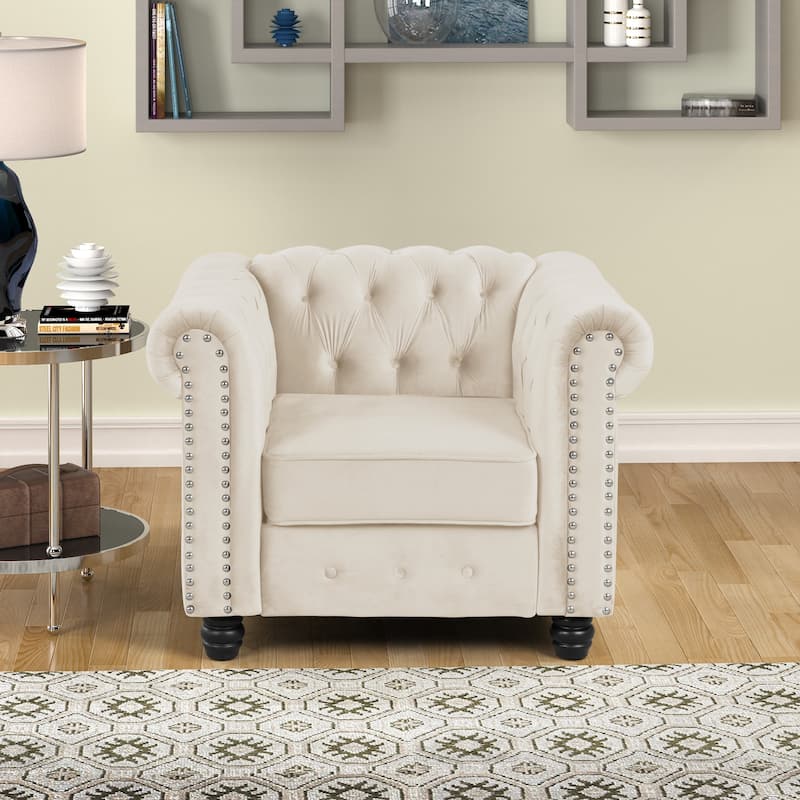 Morden Fort Velvet Chesterfield Club Chair,Button Tufted Upholstered Armchair with Nailhead and Solid Wood Legs for Living Room - Beige