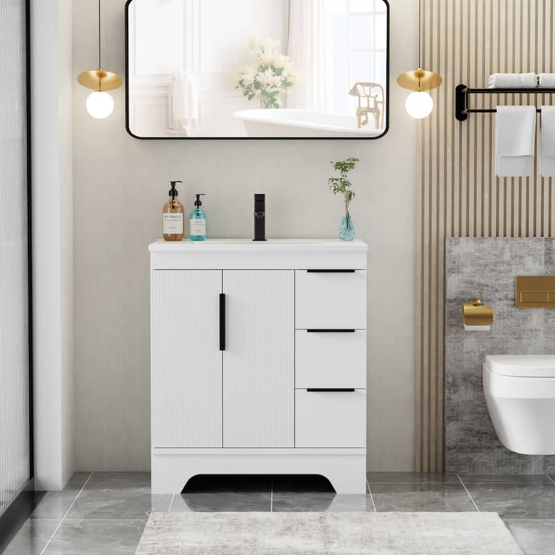 Vertical Stripes Bathroom Vanity Set with Sink Top & Faucet - 30"Right - White-30"Right