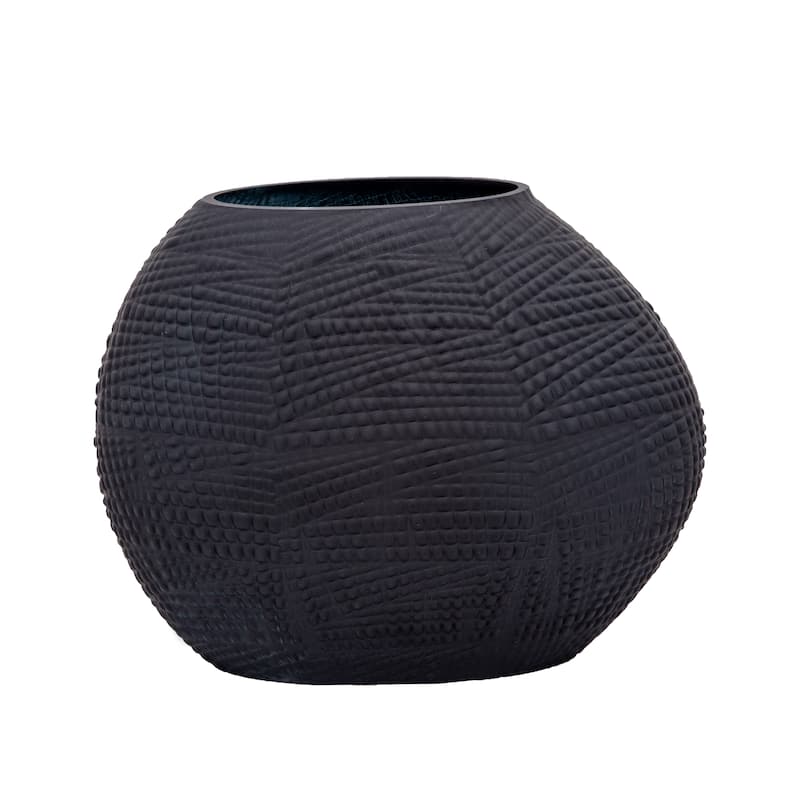 Glass Round Textured Modern Flower Vase - Black, 8"