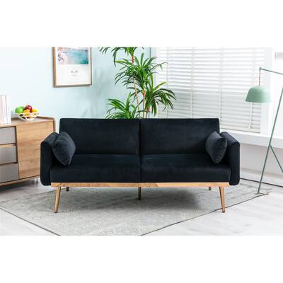 Velvet Loveseat Futon Sofa Bed with 2 Pillow and Individually Adjustable Backrest, Rose Gold Metal Feet