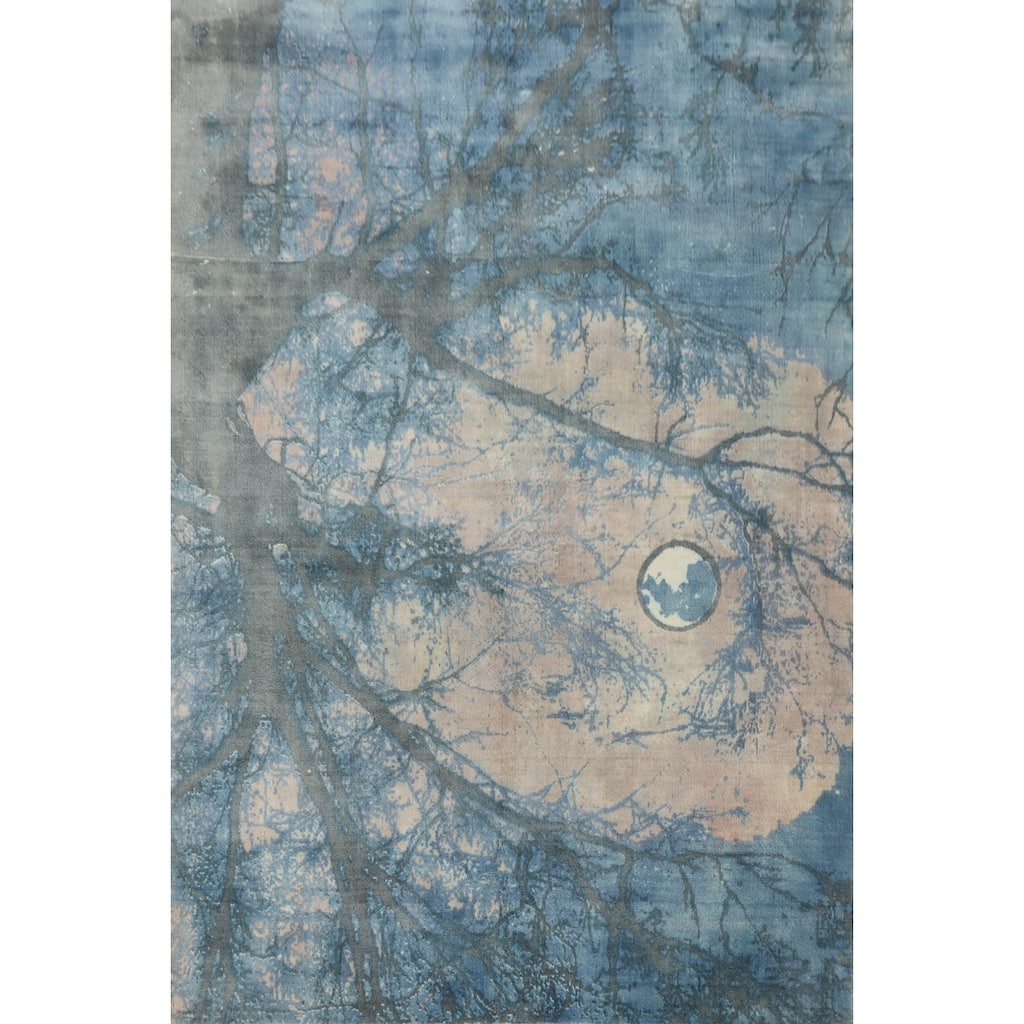 Hand-knotted Modern Silk Blue Abstract Oriental Area Rug - 7' 2'' X 5' 4''