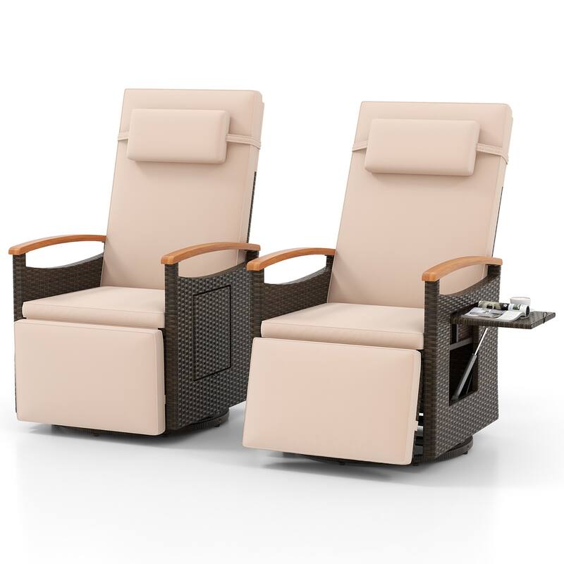 Gymax 2PCS Outdoor Swivel Rattan Recliner Chair Patio Wicker Chaise - Beige