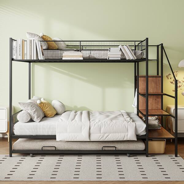 slide 2 of 14, Black Twin over Full Size Metal Bunk Bed with Trundle and Lateral Storage Ladder and Wardrobe Black