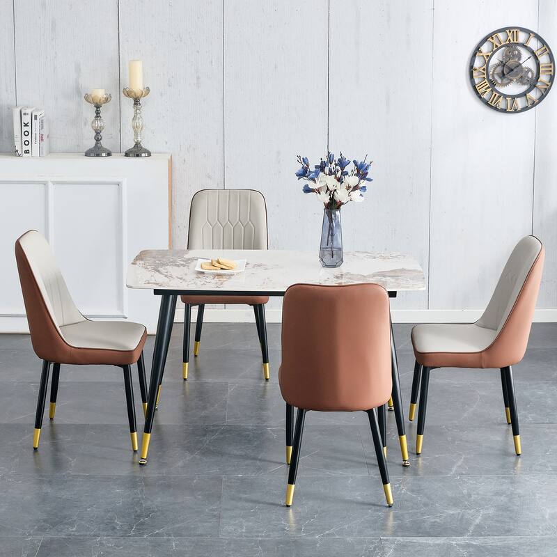 5-Piece Kitchen Table Set with 4 PU Curved Chair Cushion, Dining Table Set with Marble Table Top for Dining Room