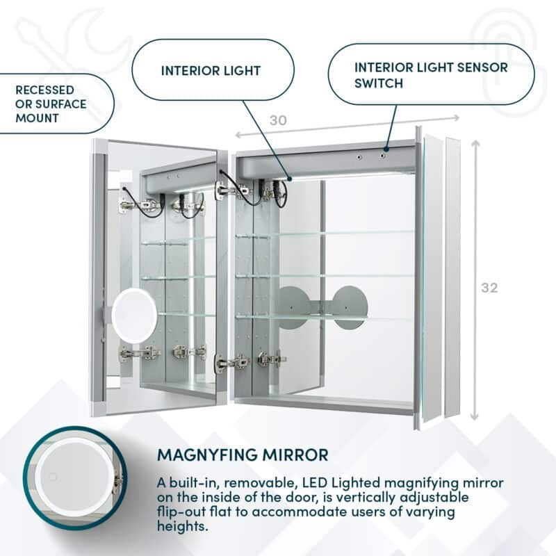 AQUADOM Edge Royale Bathroom Led Lighted Medicine Cabinet Defogger, 3X LED Adjustable Magnifying Mirror, Electrical Outlets.