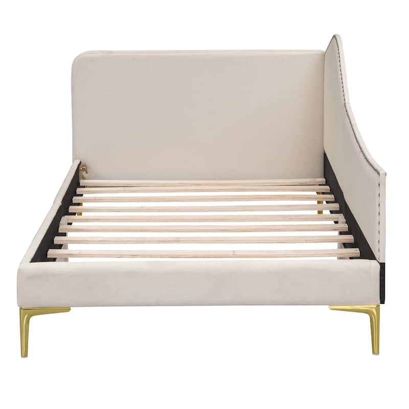 Linen Upholstered Daybed Frame with Metal Support Legs, Wave-Shaped Armrest and Nailhead Trim Backrest, Twin Size Platform Bed