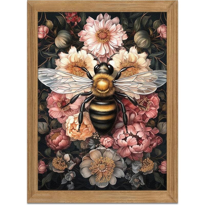 Framed Vintage 3D Textured Wall Art - Dark College Bee Flowers - 16 x 24