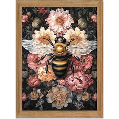 Framed Vintage 3D Textured Wall Art - Dark College Bee Flowers