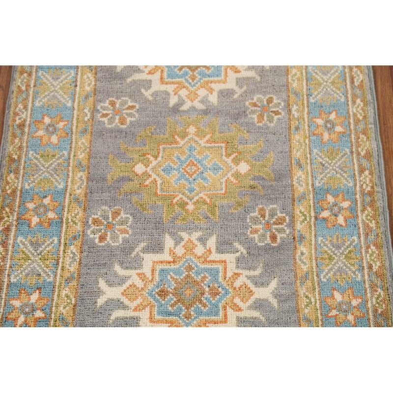 Gray Geometric Kazak Accent Rug Hand-Knotted Wool Carpet - 2'1"x 2'10"
