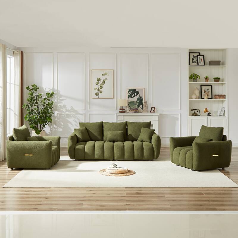 1+1+3 Seater Sofas Set of 3, Teddy Fabric Couches with Wooden Frame and Cushions, Armrests Side with Metal Strip Decorations - Green