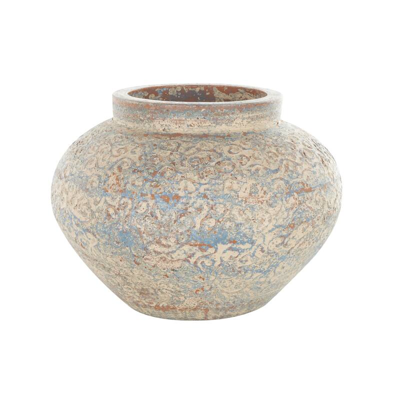 Ceramic Scroll Handmade Antique Style Wide Rounded Decorative Vase with Blue and Copper Accents - Beige - Roche River Decor