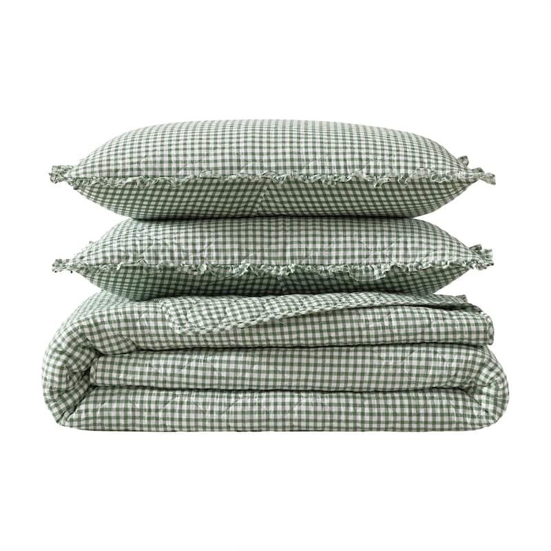 Laura Ashley Gracies Gingham Cotton Reversible Green Quilt Set
