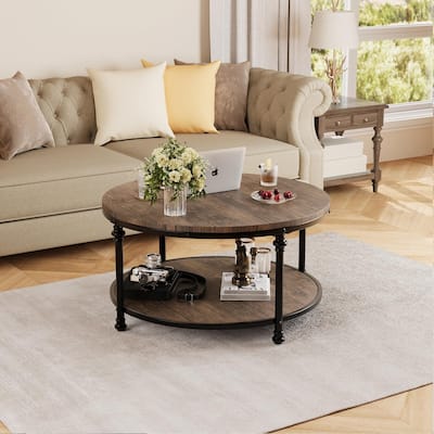 Round Coffee Table, 2 Tier Wooden Coffee Table with Storage, Farmhouse Center Tables