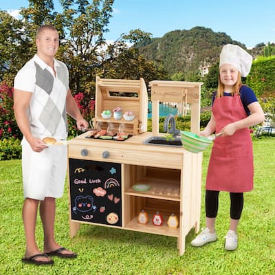Kids Kitchen Playset Wooden Kids BBQ Grill Playset w/Blackboard