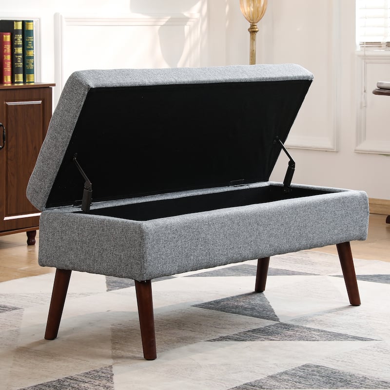 Linen Tufted Storage Bench with Safety Hinge and Wood Legs