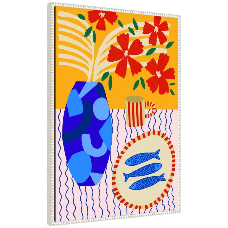 Kate and Laurel Sardines on Stripes by Teresa Rego Framed Canvas Wall Art Print - 23 x 33 - White