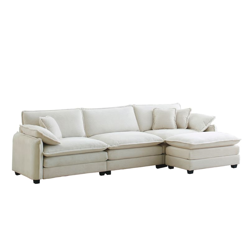 Beige 4-Piece Corduroy L-Shaped Modular Sectional Sofa with Ottoman & 5 Pillows