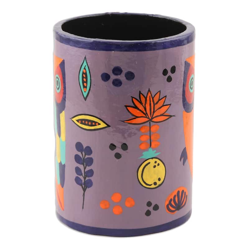 Novica Handmade Owl Story In Dusty Lavender Papier Mache Pen Holder