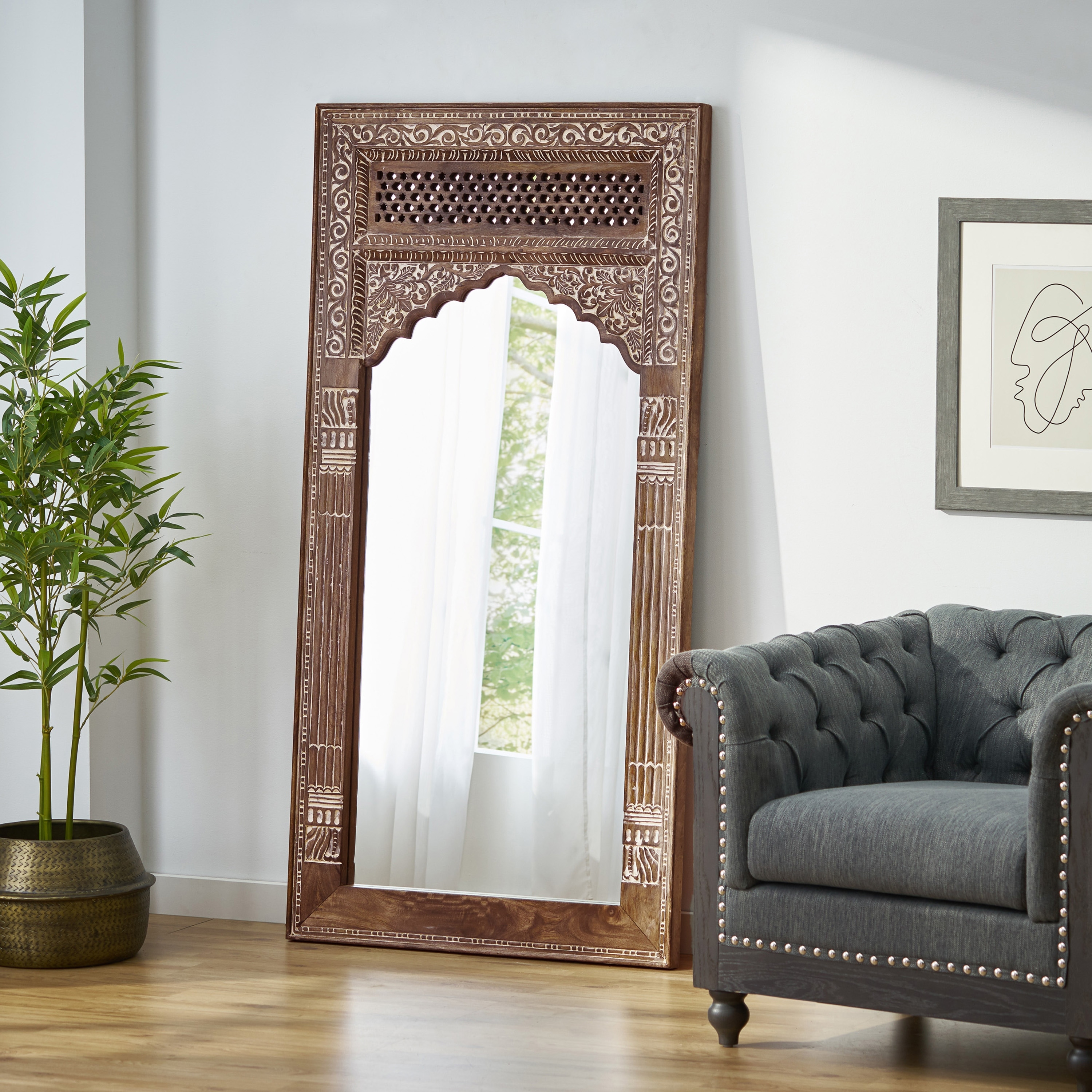 Upsata Traditional Handcrafted Mango Wood Carved Full Length Standing Mirror by Christopher Knight Home
