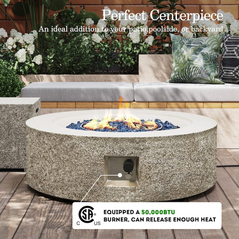 Patio Watcher 42/56in. 50000-BTU Outdoor Beige Magnesium Oxide Fire Pit Table with Gas Tank Cover