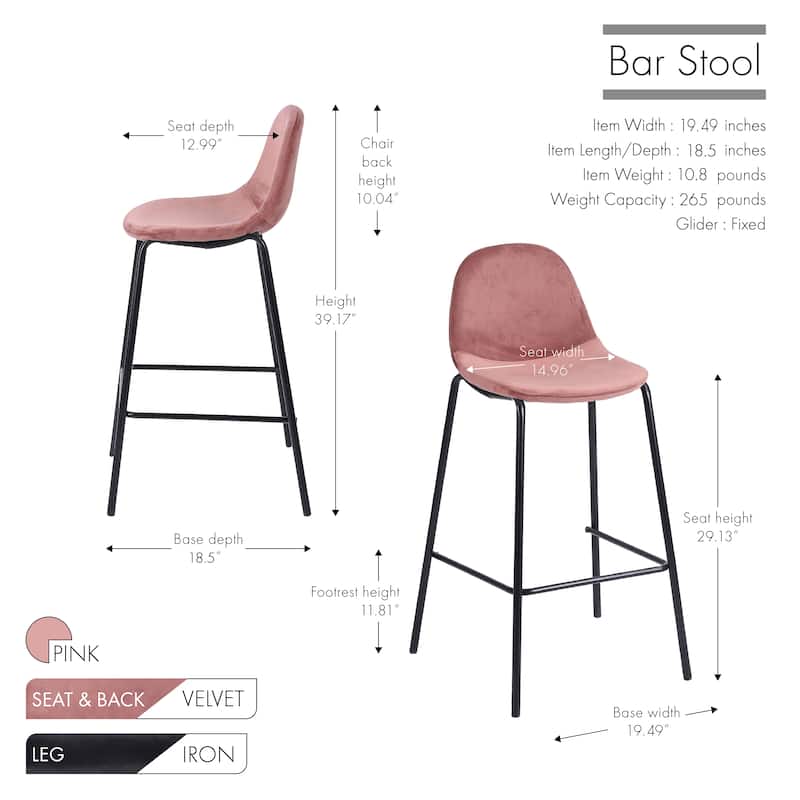Porthos Home Tam Bar Stools Set Of 2, Velvet Upholstery, Iron Legs