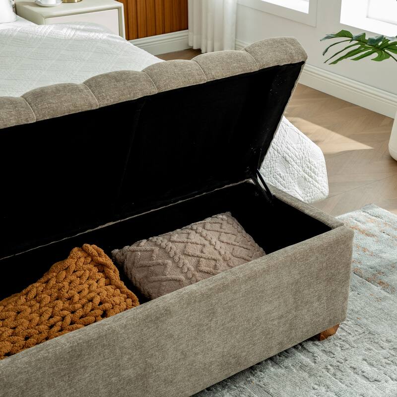 60.2" Chenille Upholstered Storage Bench, Tufted Flip-Top Ottoman with Legs, Accent End-of-Bed Bench Window Seat