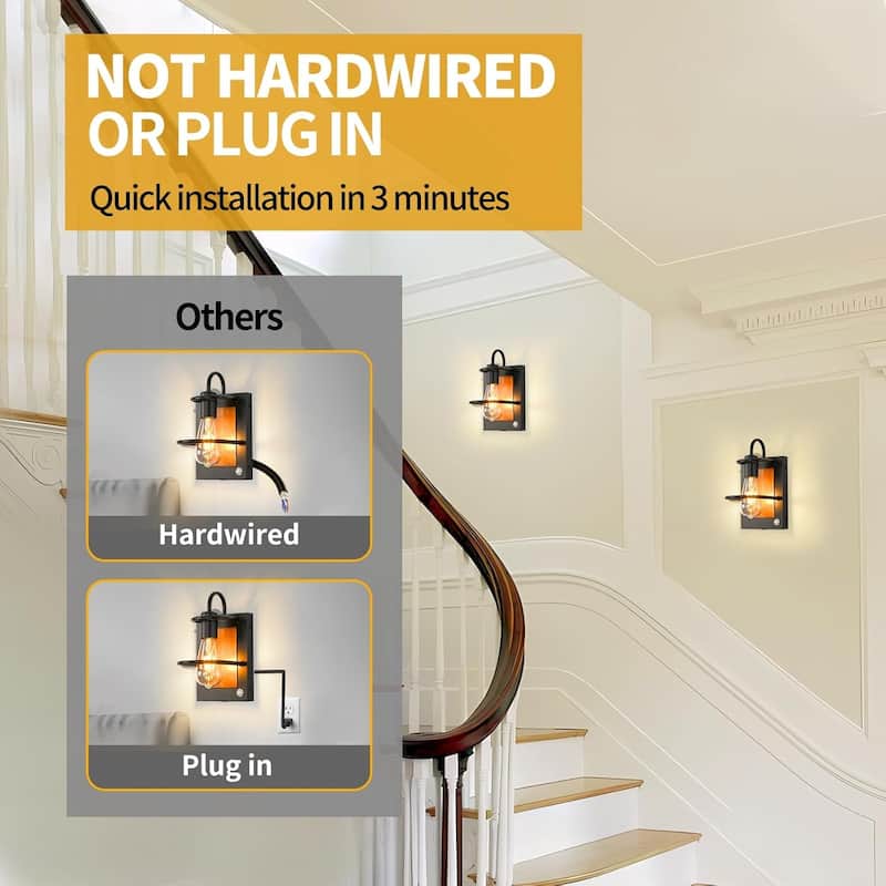 Set of 2 wall light black hallway light metal, faux wood bedroom light